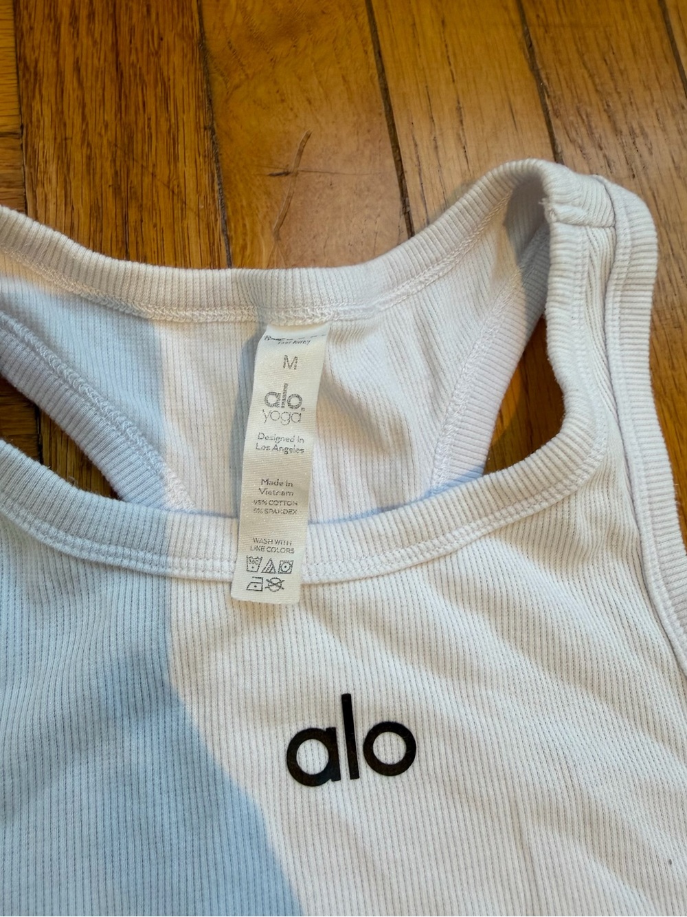 Alo White Ribbed Cropped Tank Top with Black Logo - Picture 3 of 4